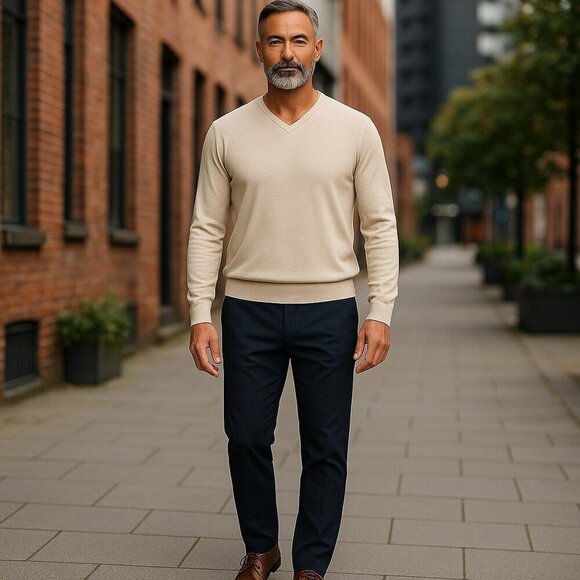 Lanvin Sweater Pullover Beige Tan Men's Medium Long Sleeve V-Neck Silk Cotton - Picture 2 of 5